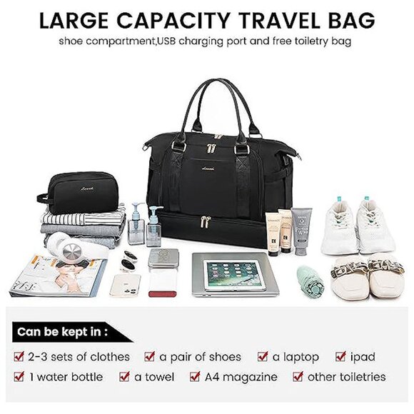 Gym Bag for Women  Travel Duffel Bag with USB Charging Port, Black - Picture 3 of 8